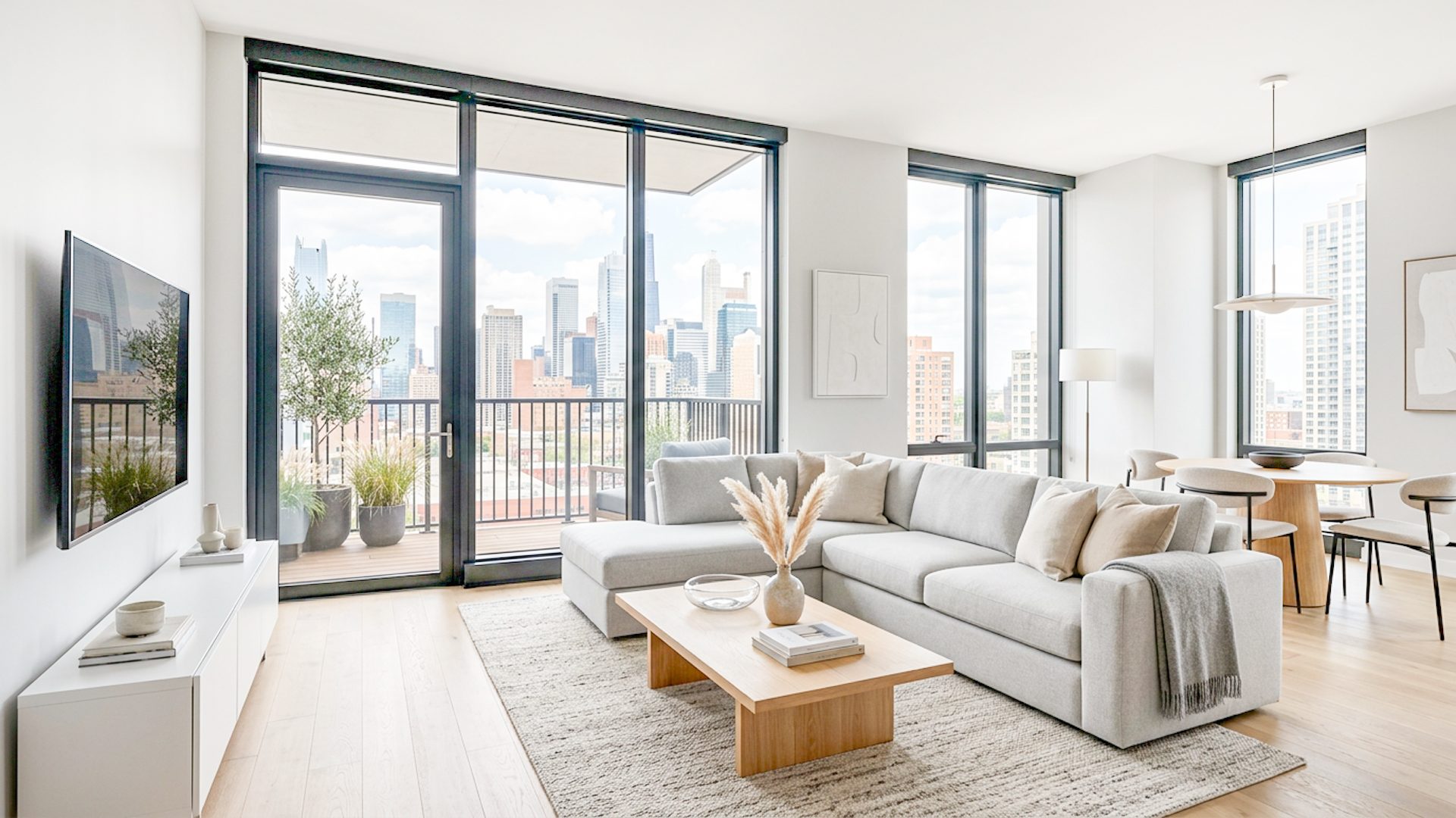 Real estate living room after window pull with visible exterior view