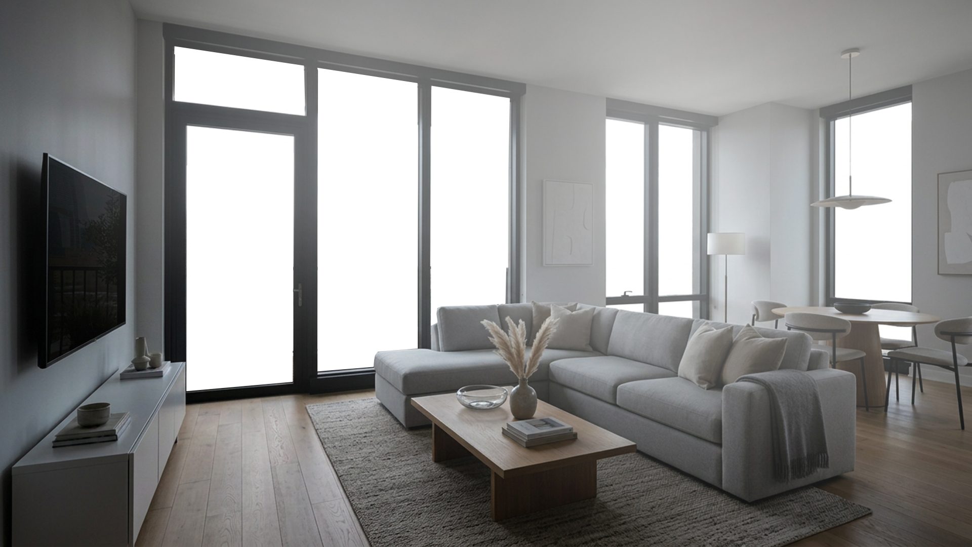 Real estate living room before window pull with blown-out windows